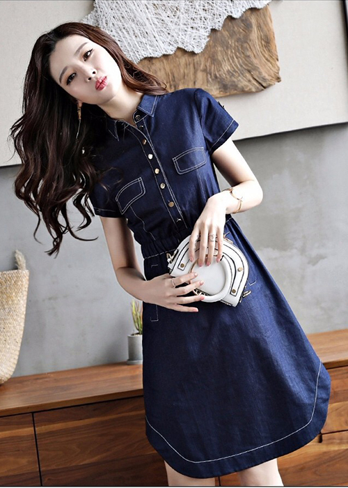 Đầm Jean Nữ Ngắn Tay Cổ Bẻ Lai Bầu