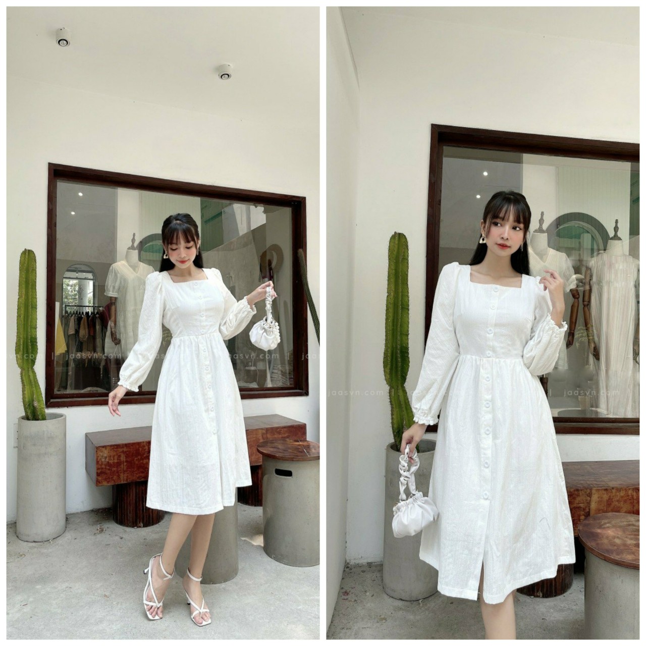 Đầm xòe tay dài cổ vuông thanh lịch