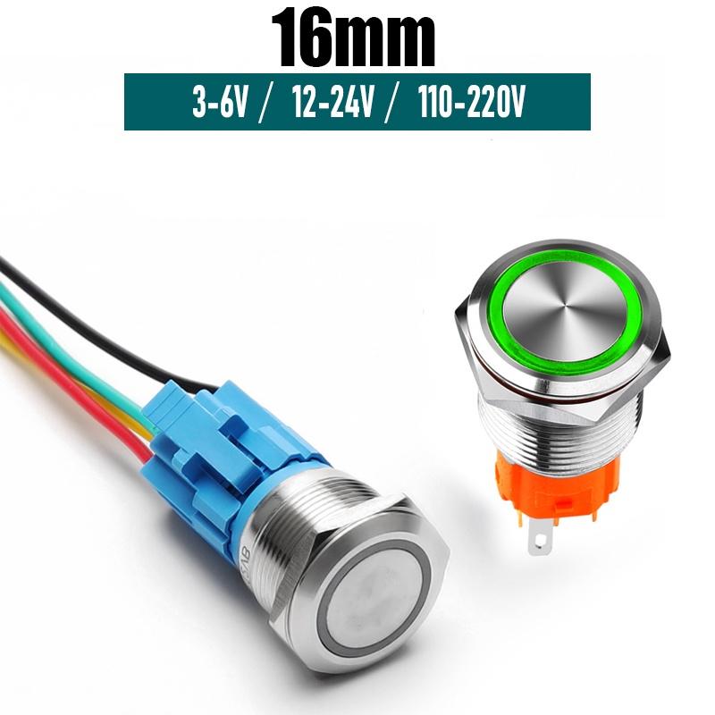Nút công tắc nhấn nhả tự phục hồi có đèn LED 16mm 3-6V, 12-24V, 110-220V Thân vỏ Kim loại chống nước