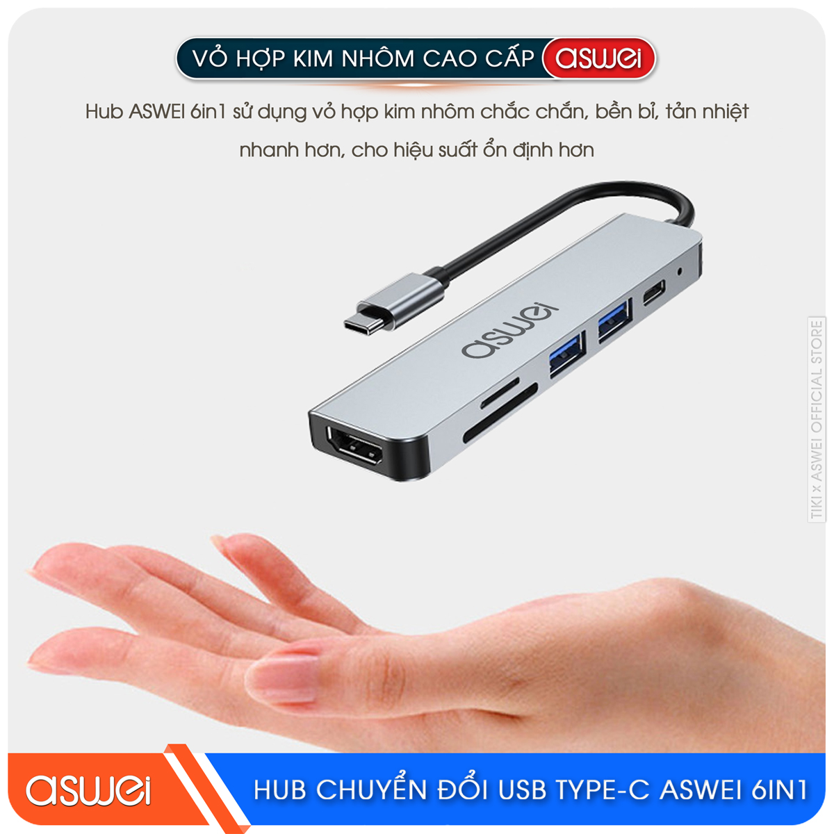 Hub Chuyển Đổi USB Type C ASWEI 6 in 1 - HDMI, USB 3.0, SD, TF, PD 100W Tốc Độ Cao - Hàng Chính Hãng