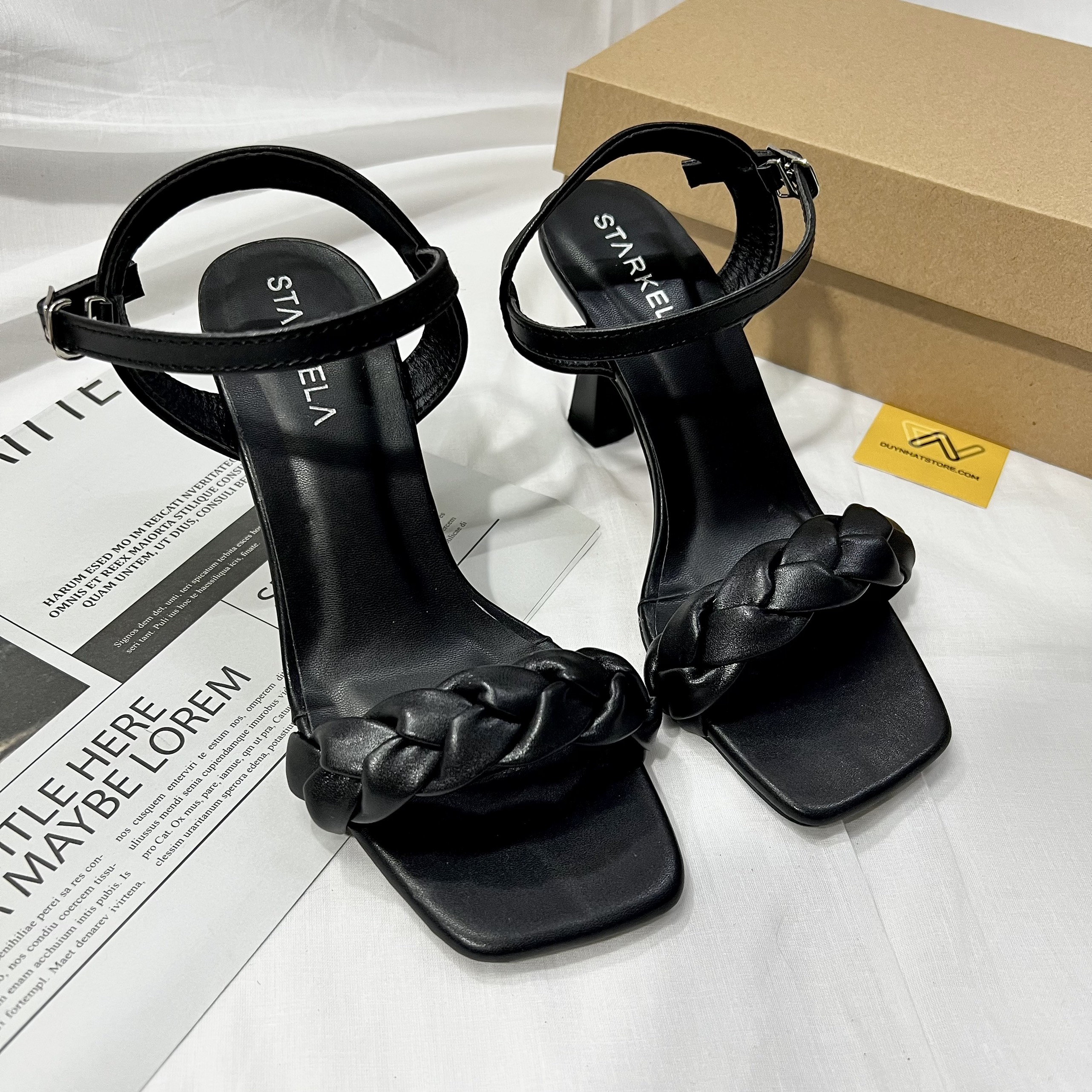 Giày Sandal Cao Gót 7cm Duy Nhật Store Phối Nơ Bính Đan Rít Nhún Gót Nhọn Da Mờ Trong Sang Trọng Thanh Lịch Màu Đen