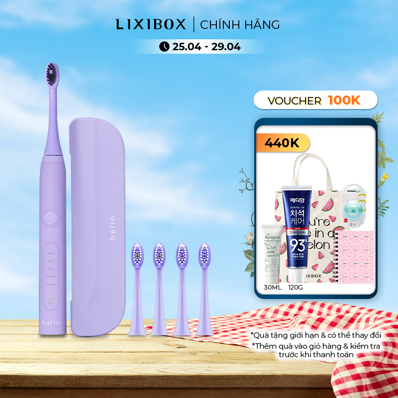 Combo Bàn chải đánh răng điện Halio Toothbrush Periwinkle &amp; 4 Đầu bàn chải thay thế