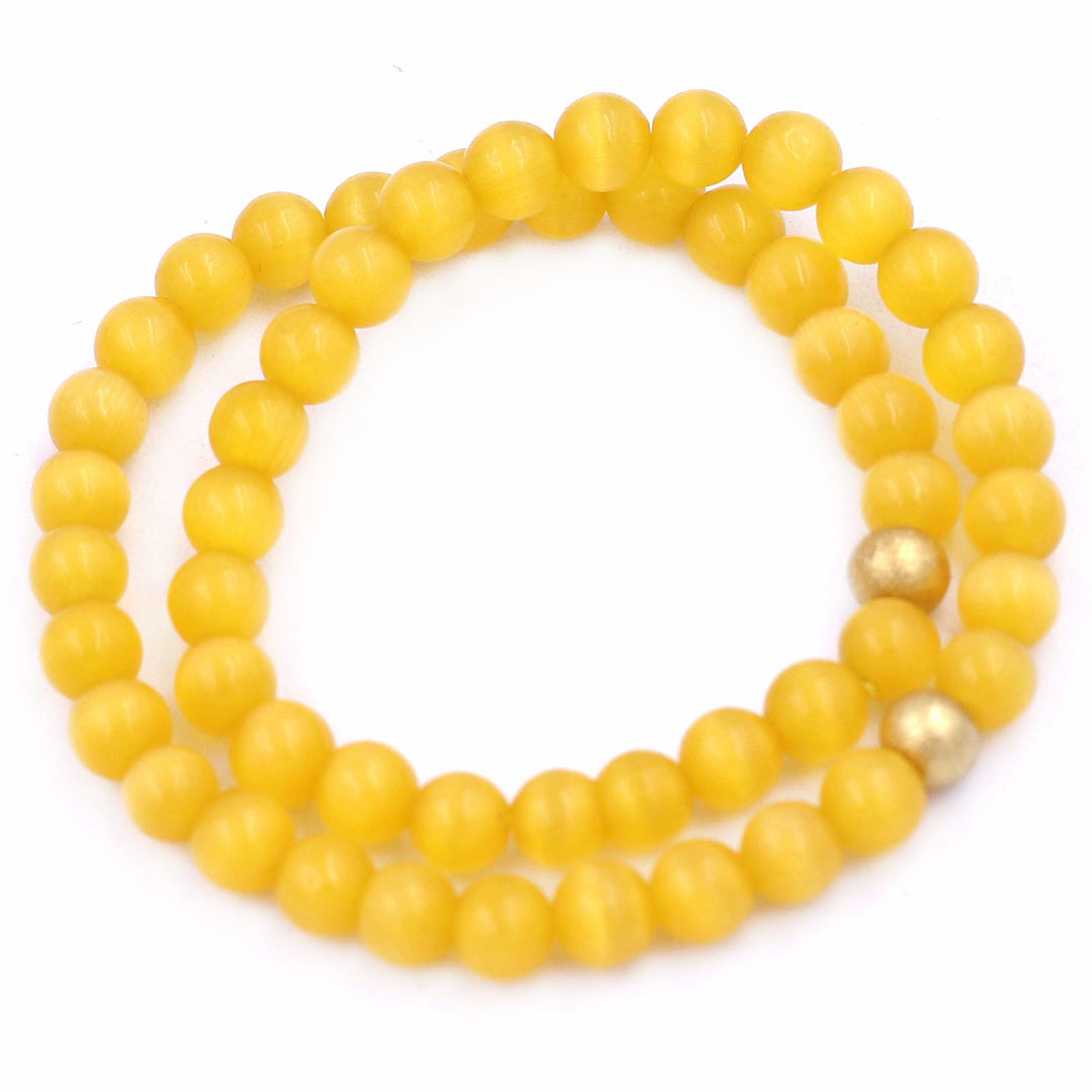 Vòng Chuỗi Đôi 6 Ly Đá Mắt Mèo Vàng Charm Bi Inox VMEVHBD