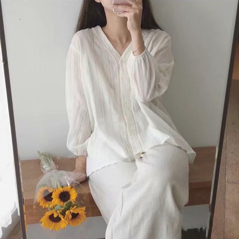 Áo Sơ Mi Nữ Viền Ren Cổ V Tay Bồng Mặc Đi Học Đi Chơi Đi Làm Đều Xinh Nè
