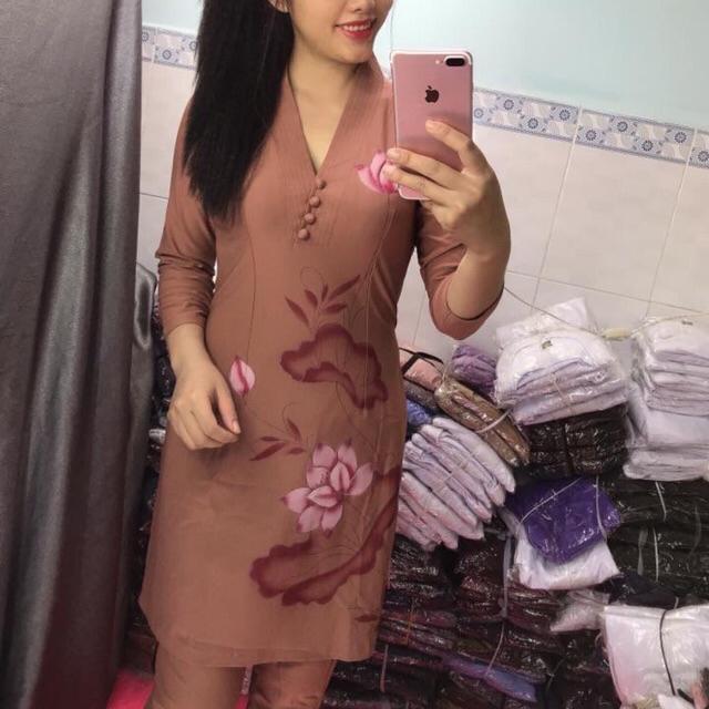 Đồ Lam Đi Chùa Ctân Bà Lai Hoa In Vải Thun Quần Áo Nữ Đồ Bộ Nữ - Ca Cao, Size 5 - 68Kí Trở Lại