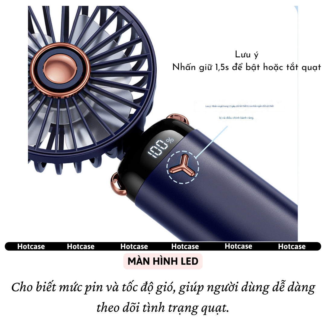 Quạt Cầm Tay, để bàn, gắn tường Turbo công suất cao hiệu HOTCASE Swivel Pin 4000mAh,Đèn Led hiển thị, 05 Cấp Độ Gió, Gió Mạnh, Êm, Pin Khủng, Siêu Nhỏ Gọn, tích điện sạc, mini cầm tay - Hàng nhập khẩu