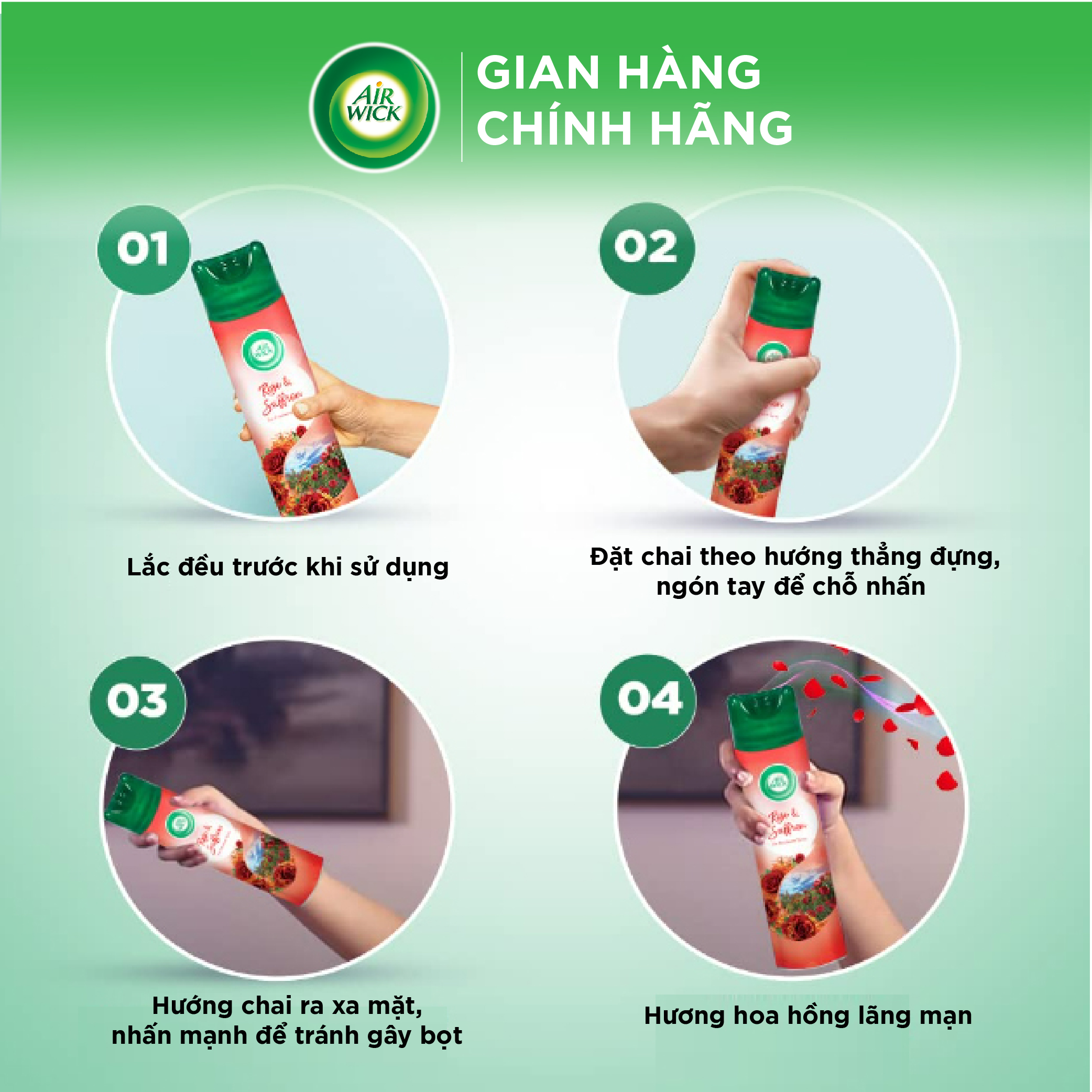 Chai xịt thơm phòng hương hoa hồng AIRWICK ngọt ngào, quyến rũ, vòi xịt thông minh giúp tỏa hương dễ dàng 300ml