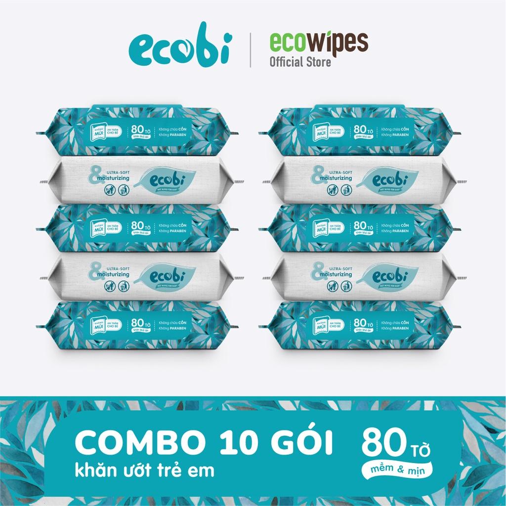Combo 10 gói khăn giấy ướt cho bé Ecobi gói 80 tờ Không mùi không cồn không paraben an toàn cho da của bé