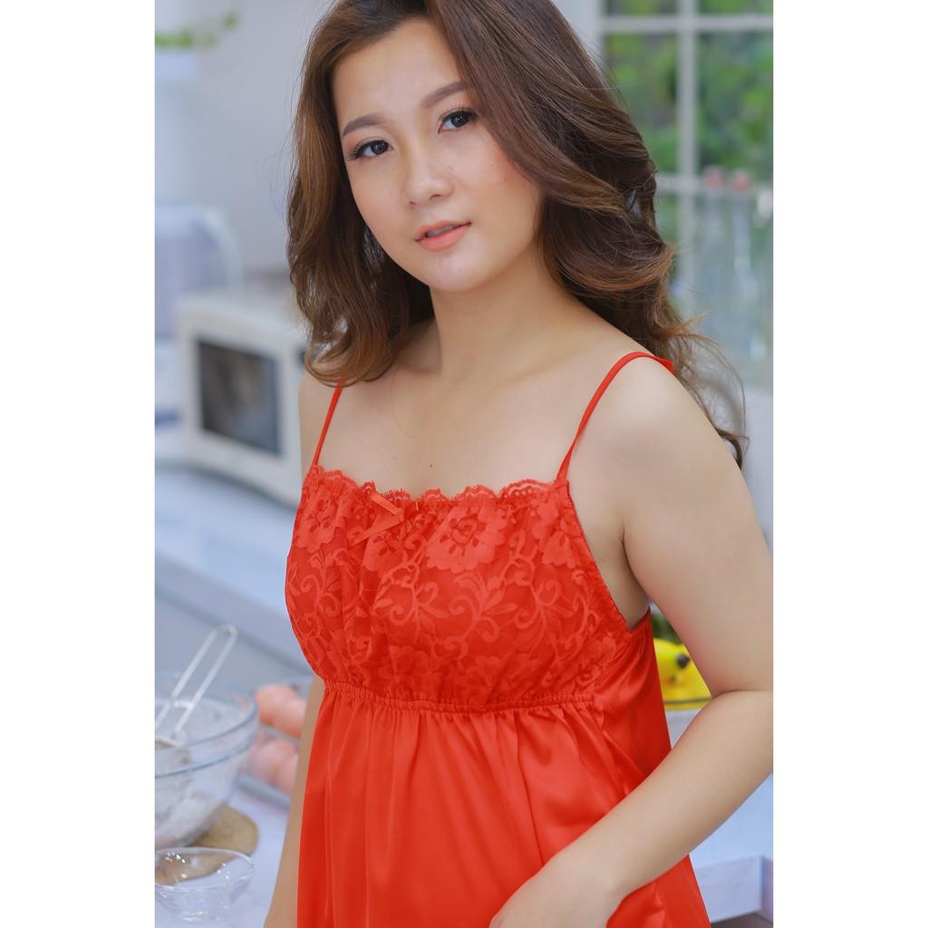Váy ngủ lụa cúp ngực xinh xắn sang trọng-Màu đỏ tặng kèm quần chip ren