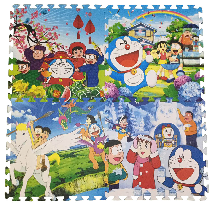 Bộ 4 tấm Thảm xốp lót sàn ECOBABY an toàn cho bé - hình Doraemon - kích thước 1 tấm 60x60cm, độ dày khoảng 0,9-1cm