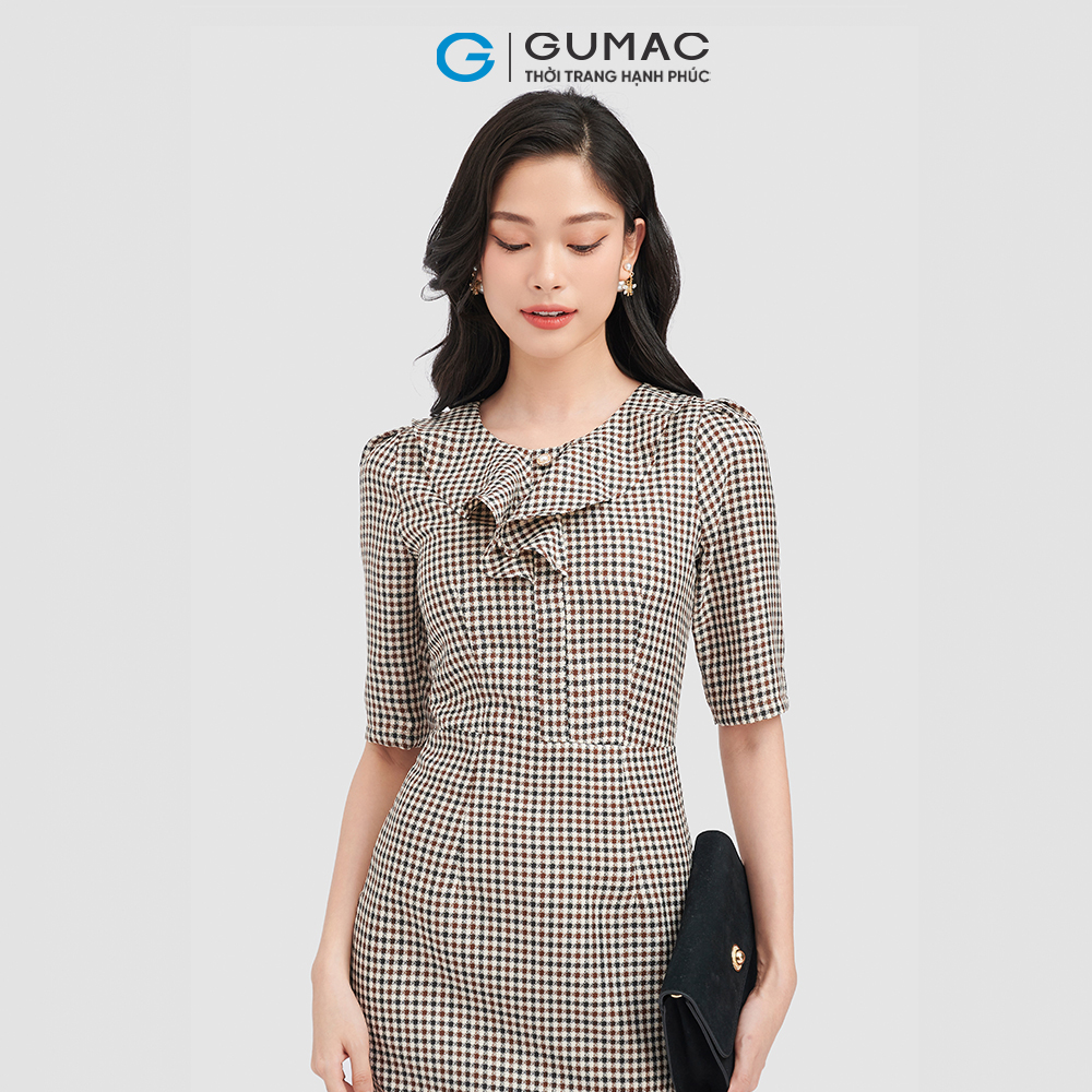 Đầm nữ form A GUMAC LD0918 caro cổ bèo nữ tính