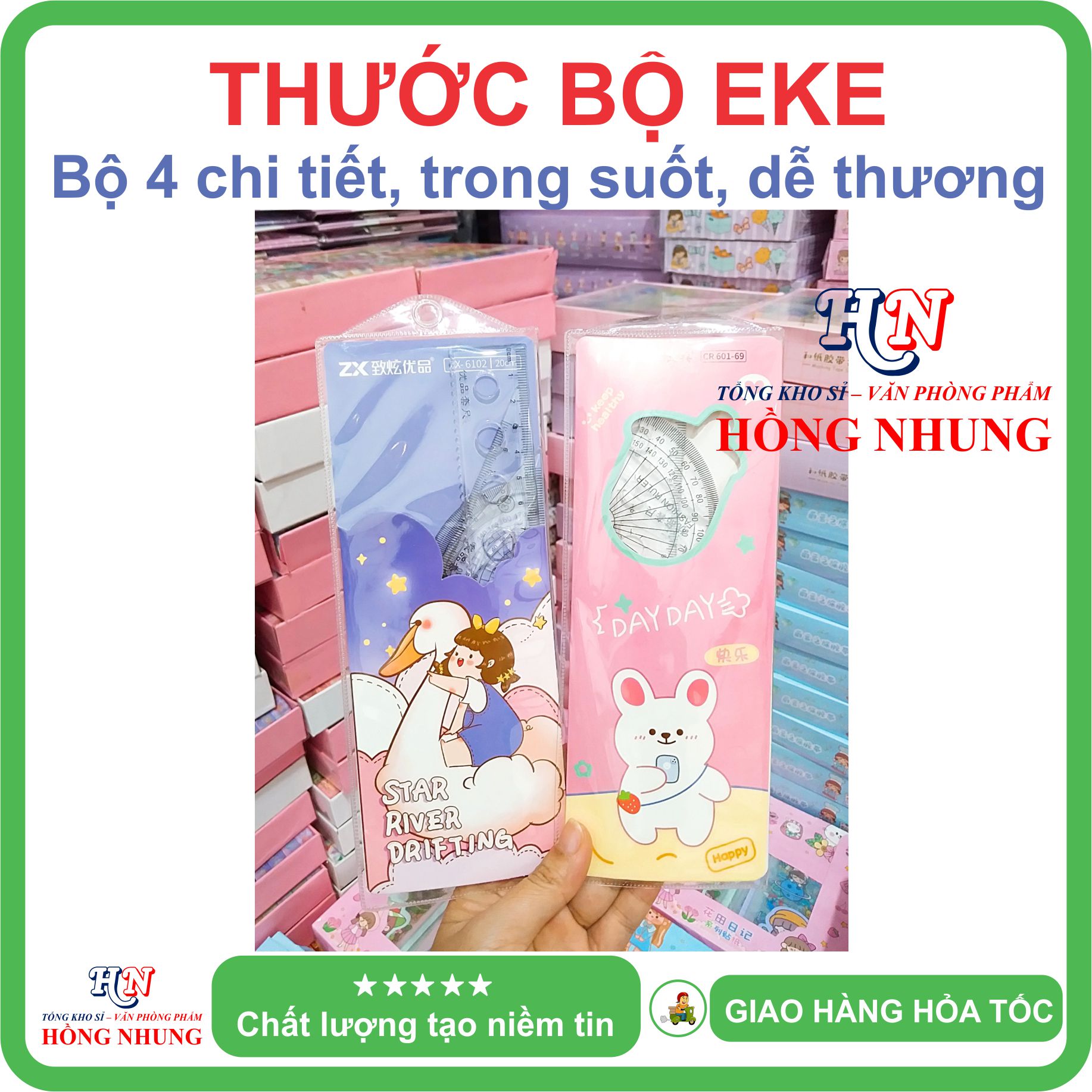 [SALE] Bộ Thước Eke 4 món dễ thương kèm túi, trong suốt, thích hợp cho học sinh để đo vẽ trường tròn, vẽ góc