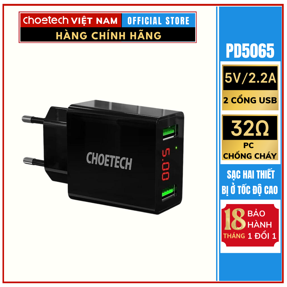 Củ sạc 2 cổng USB-A có màn hình hiển thị điện áp Choetech C0028