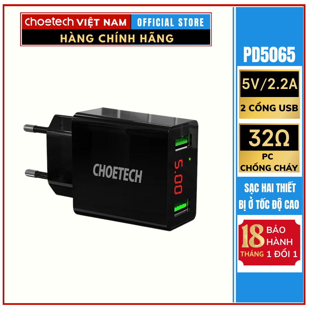 Củ sạc 2 cổng USB-A có màn hình hiển thị điện áp Choetech C0028 (Hàng chính hãng)