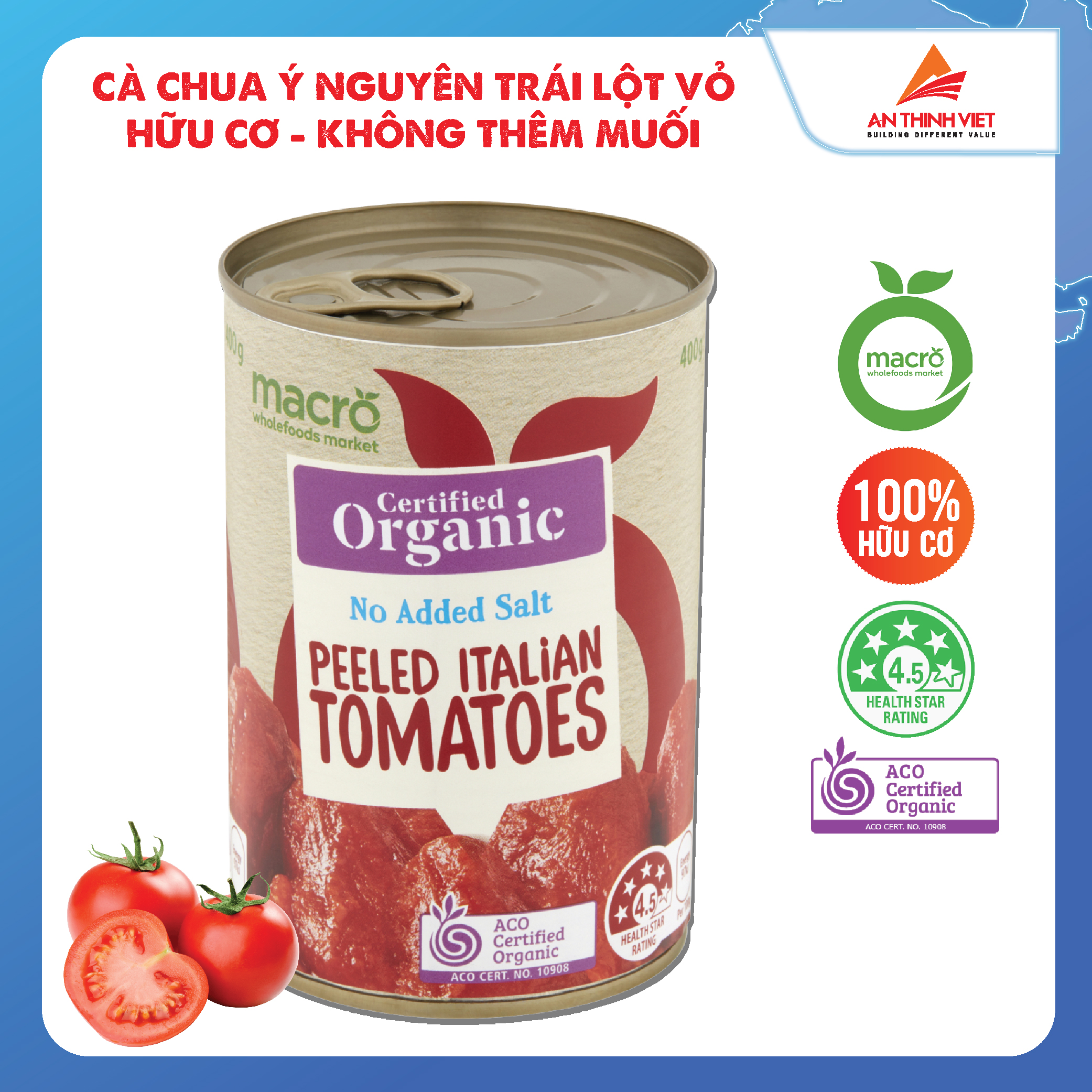 Cà Chua Ý Cắt miếng - Hữu Cơ, Không Thêm Muối - Macro Organic Tomatoes Diced No Added Salt 400g