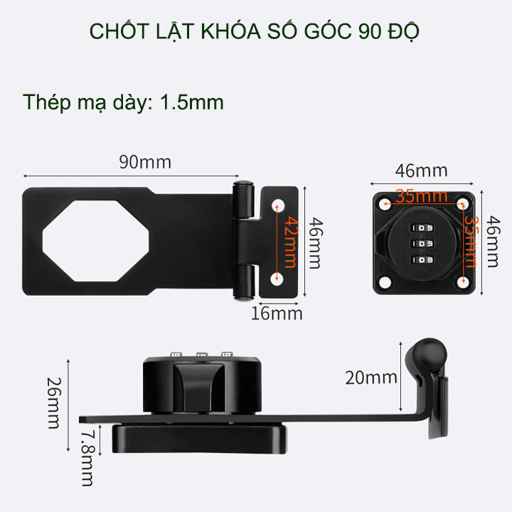 Khóa số kiểu lật góc 90 độ cho hòm tủ, ngăng kéo bàn, cửa các loại, bằng thép mạ chống gỉ