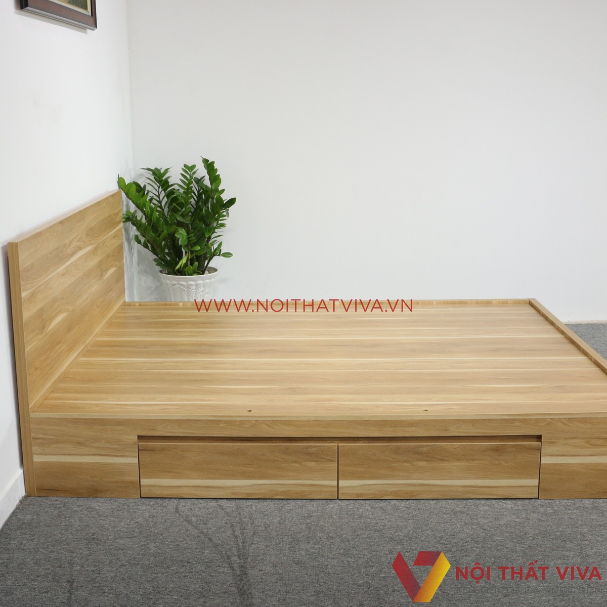 Giường Ngủ Gỗ MDF Phủ Melamine Màu Vàng Sọc Có Ngăn Kéo Đẹp Hiện Đại