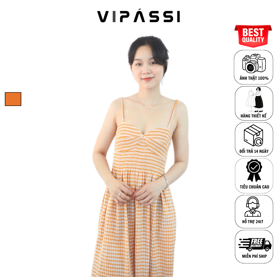 VIPÁSSI- Đầm Hai Dây Ca Rô Cam Có Túi Ôm Body