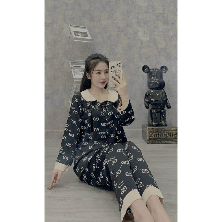 Bộ Đồ Bầu Ngủ Bộ Pijama Bầu Lụa Gấm Có Cổ, Bộ Bầu Và Sau Sinh Kết Hợp Áo Ngực Cho Con Bú Dài Tay