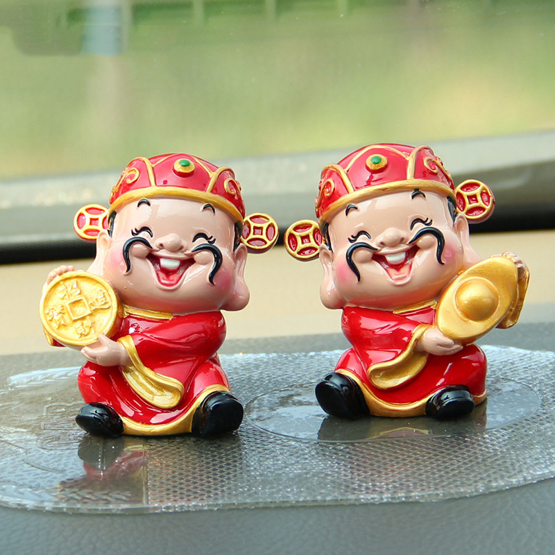 Bộ 04 tượng Thần Tài - Di Lặc kèm túi đỏ chữ Phát và chân đế giả đá size nhỏ