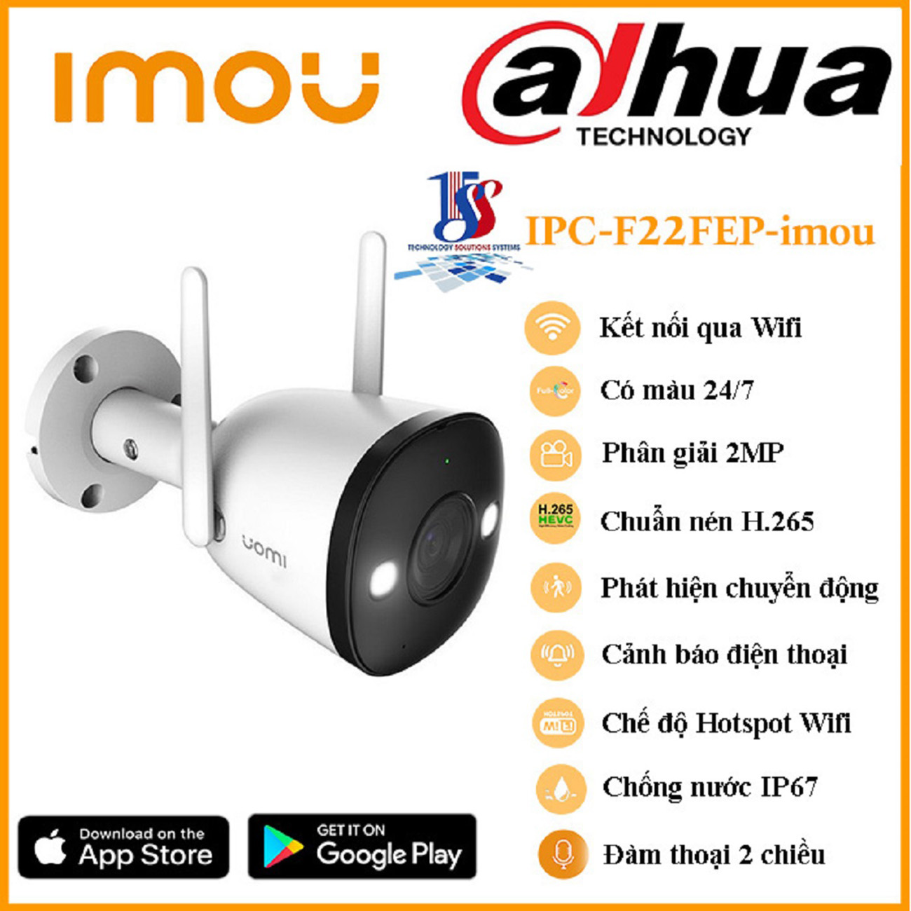 Camera wifi imou Bullet 2 IPC-F22FEP 2.0 megapixel, camera ngoài trời chống nước IP67, Fullcolor có màu ban đêm, đàm thoại hai chiều, phát hiện chuyển động - Hàng chính hãng bảo hành 24 tháng