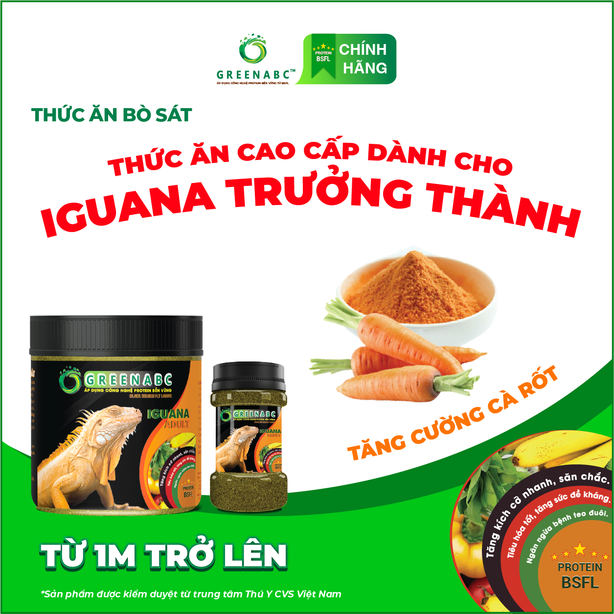 Thức ăn bò sát Iguana Trưởng Thành GREENABC vị cà rốt dùng cho Iguana từ 1m trở lên giúp gai bung, gù cao, dáng đẹp, lên màu tươi – Hộp 230g