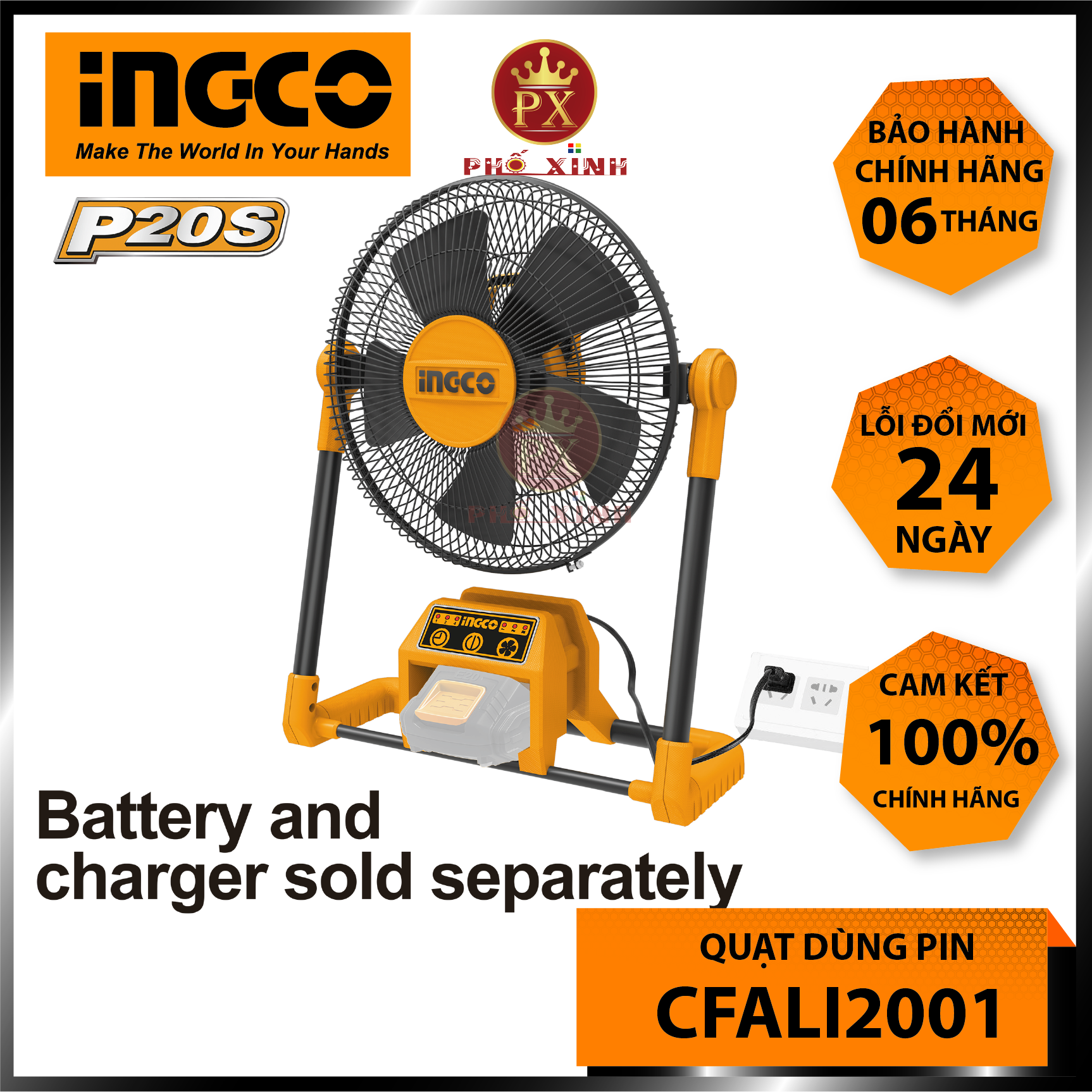 Quạt gió dùng pin 20V Ingco CFALI2001 KHÔNG BAO GỒM PIN VÀ SẠC