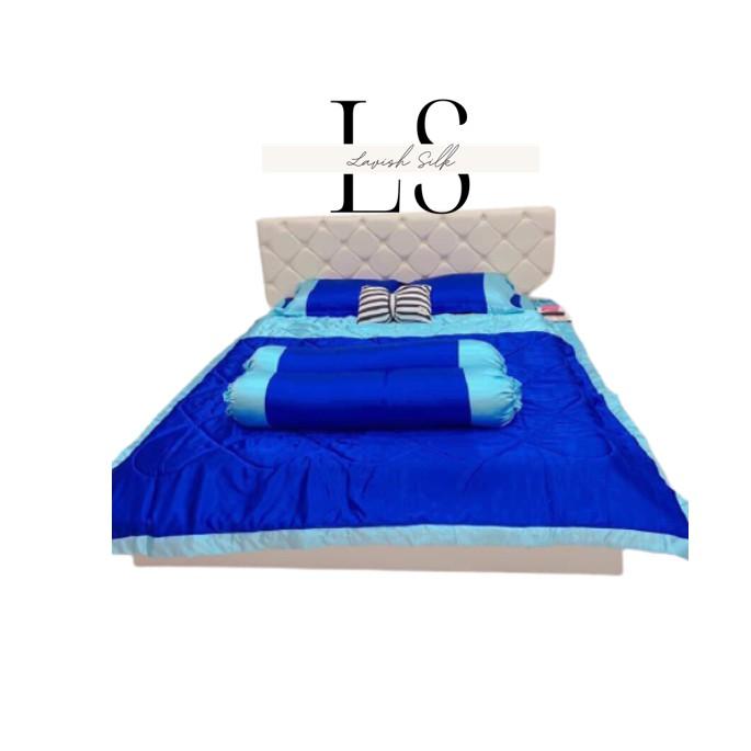 Trọn Bộ Chăn Ga Gối Phi Lụa Phối Lavish Silk Cao Cấp Mát Lạnh Hàng Loại 1 Không Nối Vải - Xanh Biển Phối