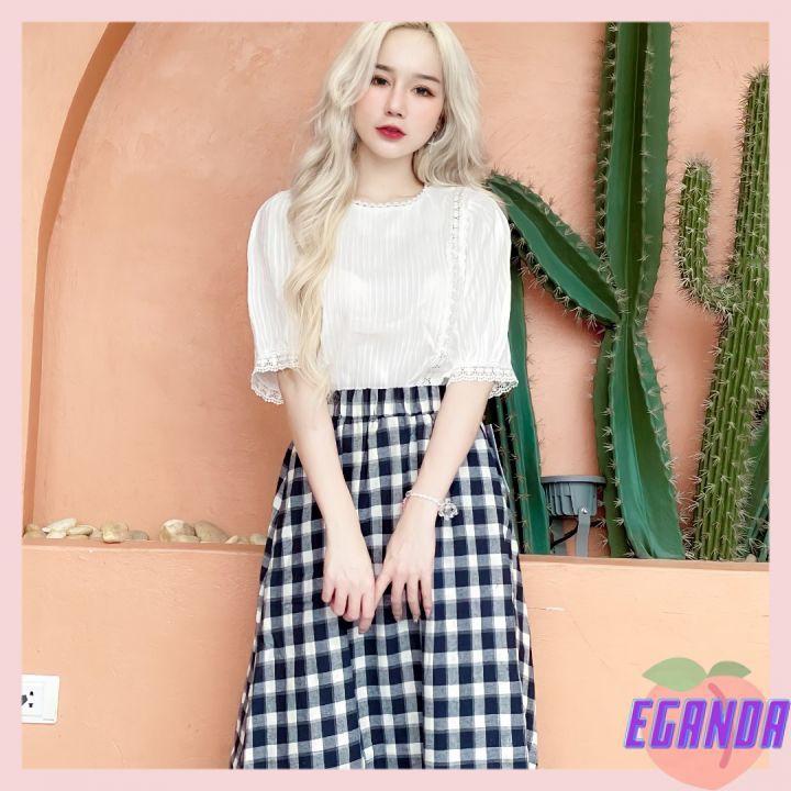 Chân váy dài chất vải thô Quảng Châu dáng suông vintage kẻ ô vuông phong cách Hàn Quốc(ảnh thật shop chụp