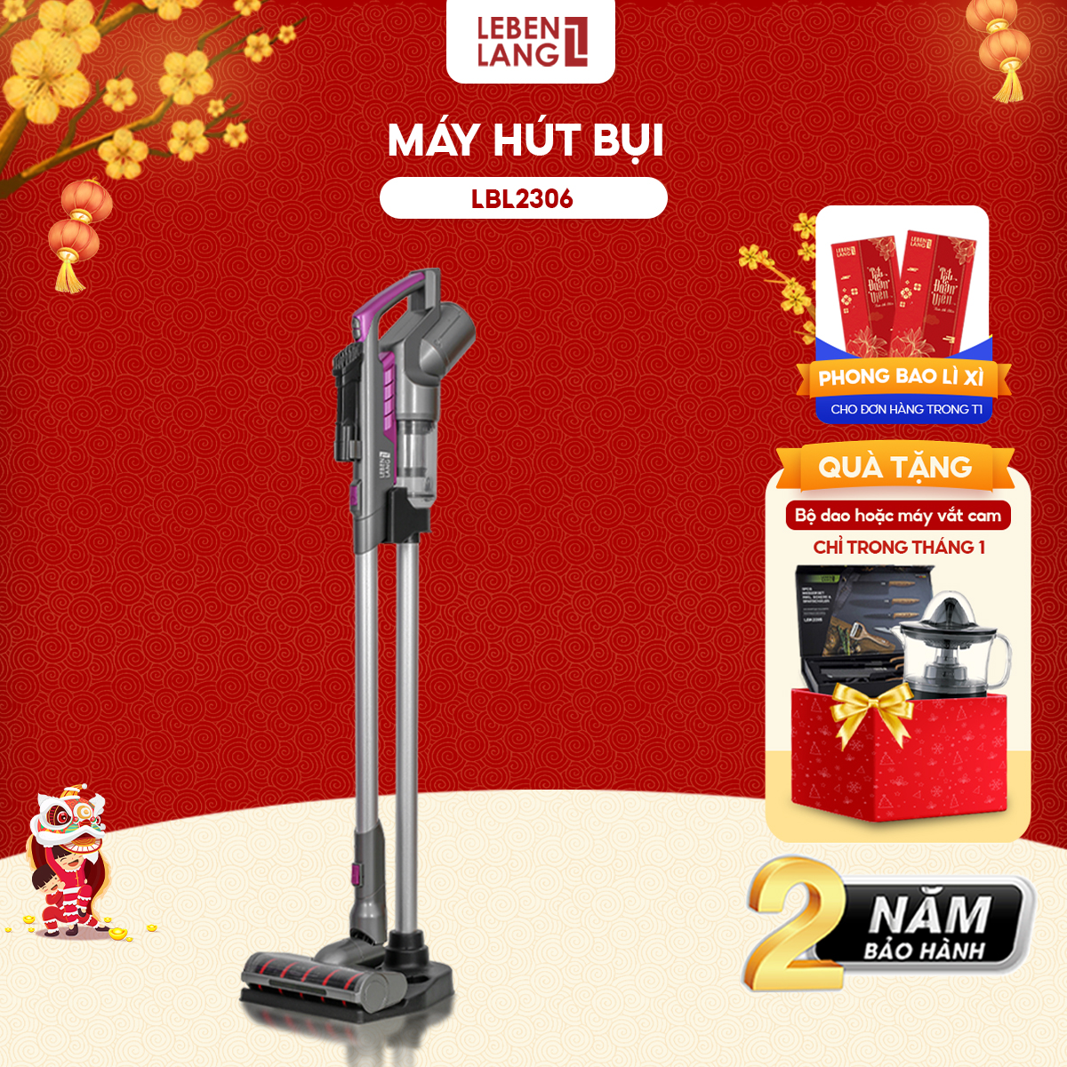 Máy hút bụi cầm tay không dây Lebenlang LBL2306, lực hút mạnh 15000PA, công suất 250W, bảo hành 2 năm - hàng chính hãng