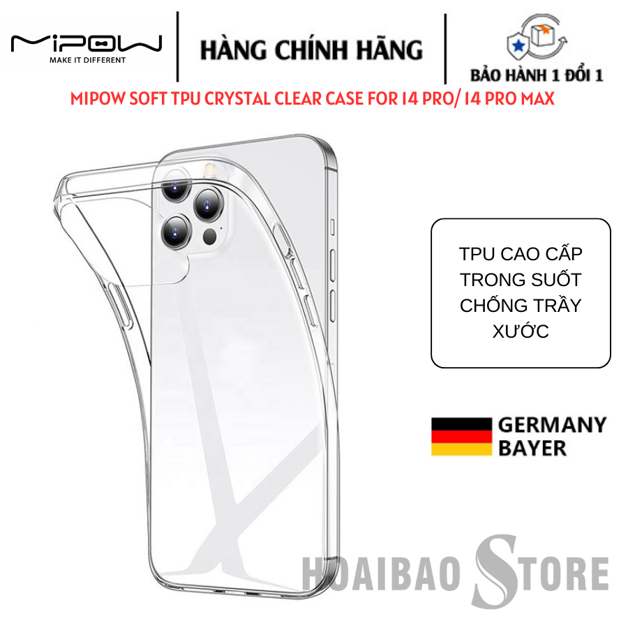 ỐP LƯNG CHO IPHONE 14 PRO/ 14 PRO MAX MIPOW SOFT TPU CRYSTAL CLEAR NGUYÊN LIỆU ĐỨC - Hàng Chính Hãng