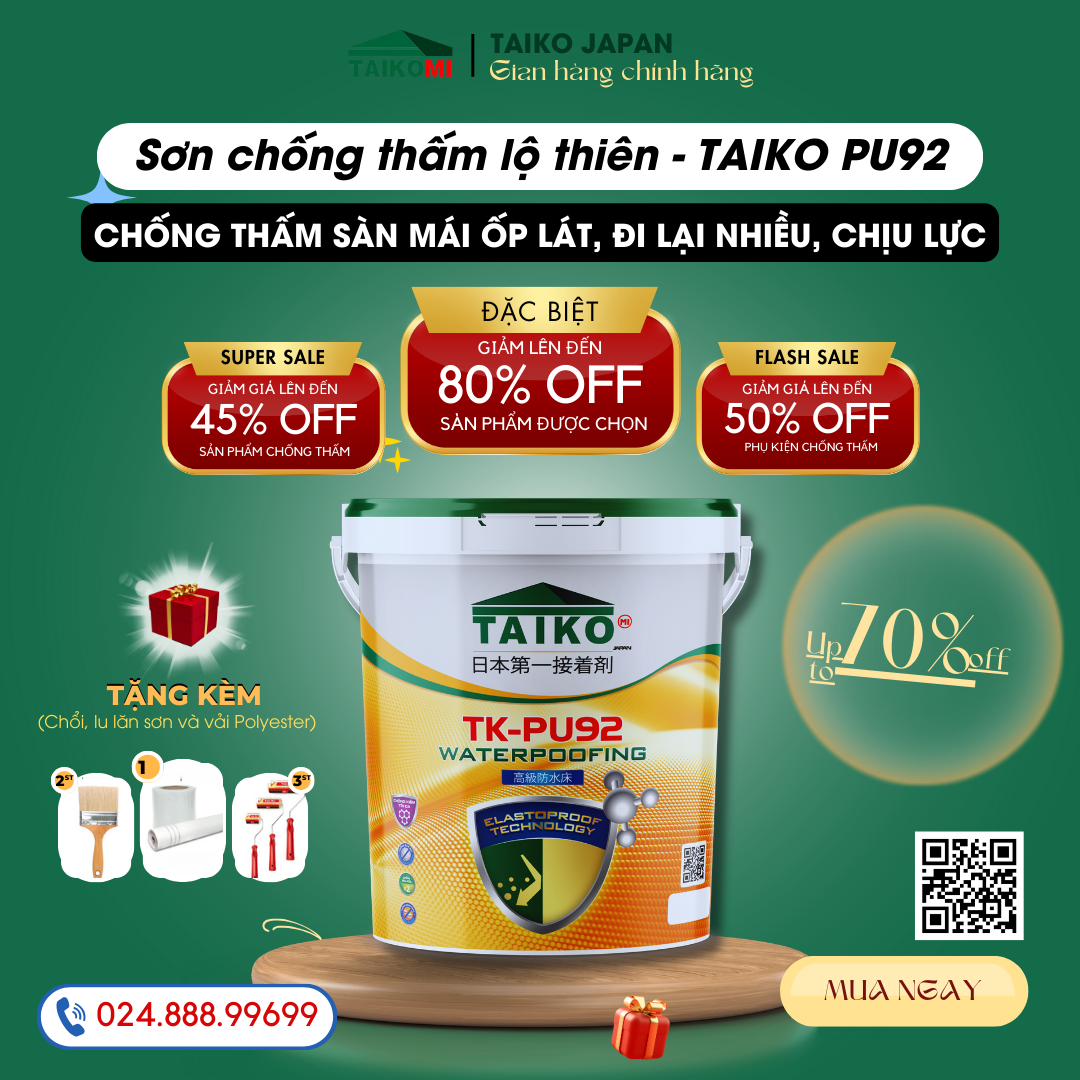 Thùng 10 Kg Sơn Chống Thấm Pu Polyurethane Taiko Pu92 - Sàn Lộ Thiên Đã Ốp Lát, Tăng Bám Dính, Tăng Chịu Lực, Mài Mòn