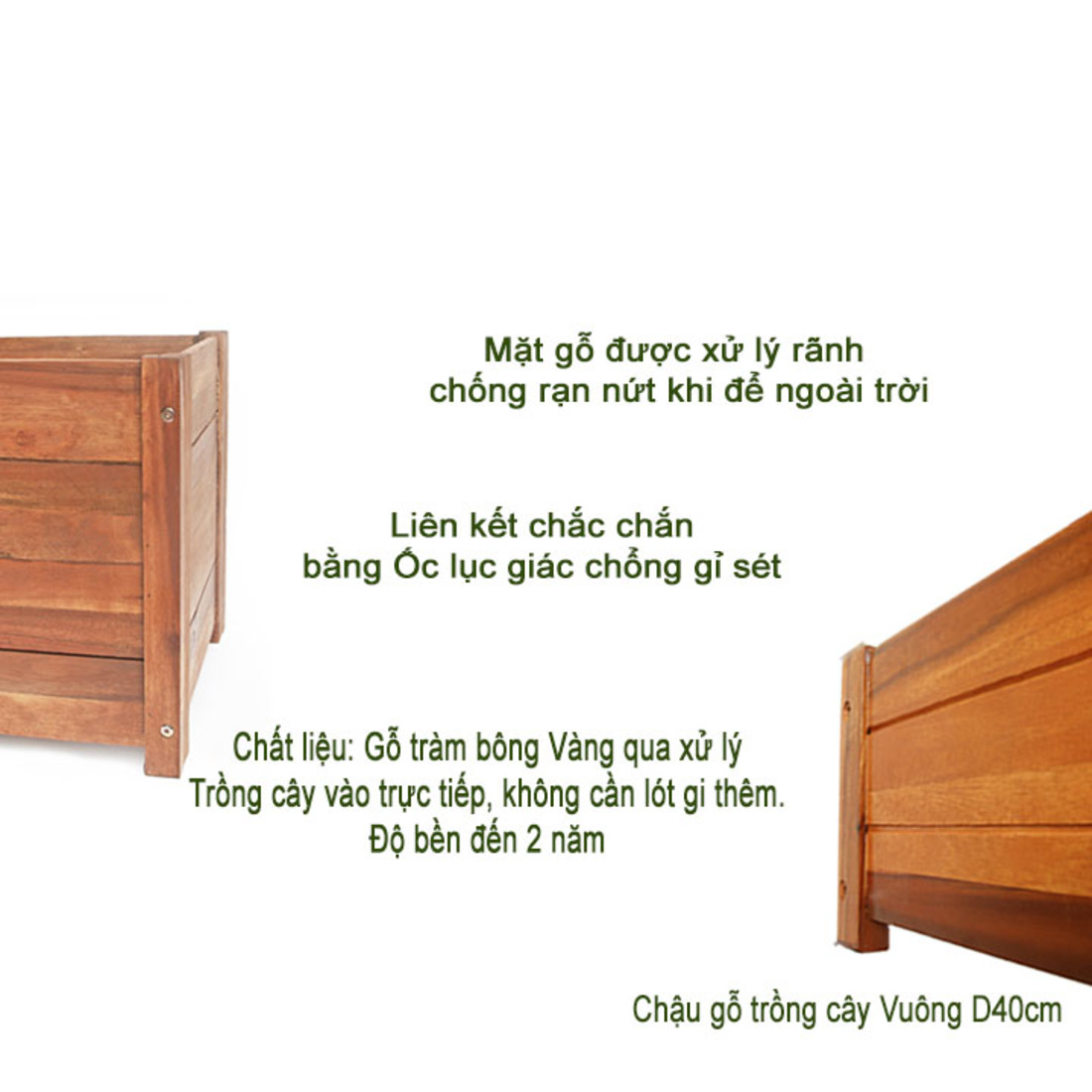 Chậu gỗ trang trí nội thất ban công Greenhome chịu nước tốt- màu gỗ tự nhiên- D40xR40xC40cm - xếp gọn dễ dàng vận chuyển và lắp đặt- chắc chắn, độ bền lên đến 2 năm