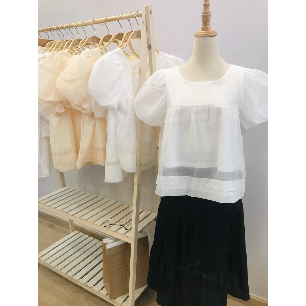 Áo babydoll voan tơ tay phồng thắt nơ SAU