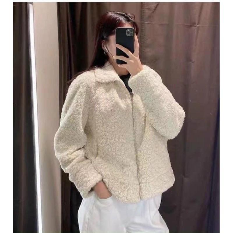 ÁO KHOÁC LÔNG XÙ KÉO KHOÁ CỔ BẺ NỮ - BE ĐEN