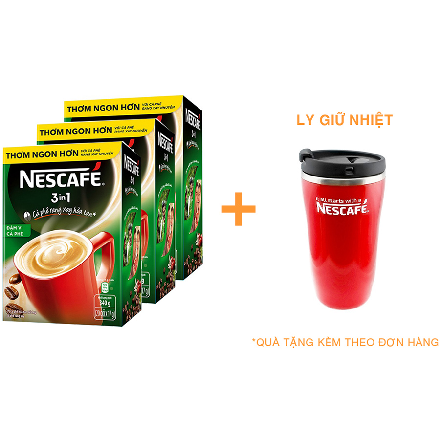 Combo 3 hộp NESCAFÉ 3IN1 Công thức cải tiến - Vị rang đậm  - Hộp 20 gói x 17 g [Tặng 1 ly giữ nhiệt]