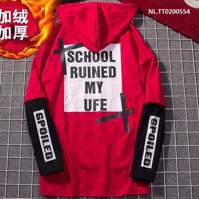 Áo hoodie unisex nam/nữ phối tay áo chất thun da cá in chữ SCHOOL RUINED MY LIFE. Ảnh thật trải sàn