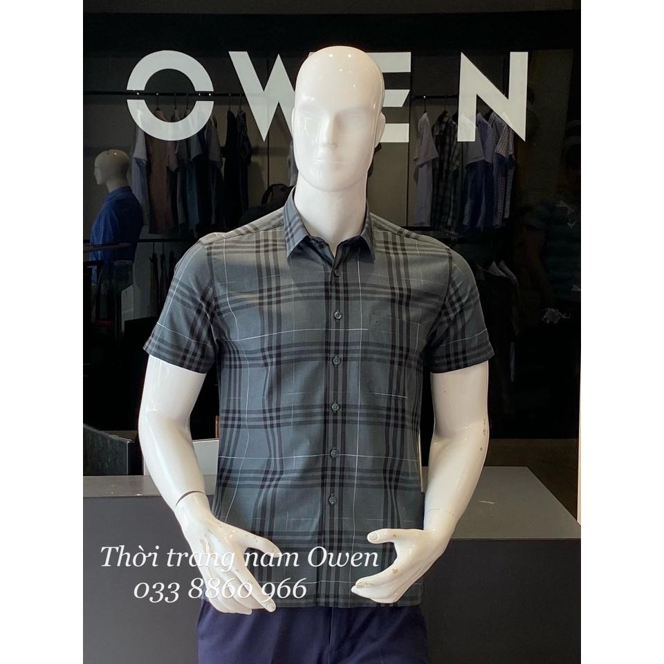 OWEN - Áo Sơ mi ngắn tay Owen vạt ngang chất bạc hà kẻ ca rô rêu xám 220412