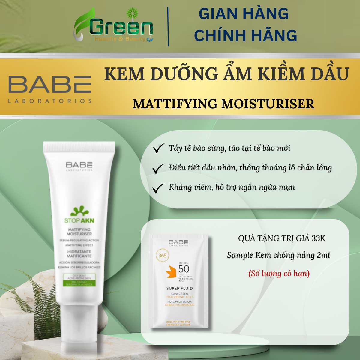 Kem dưỡng ẩm cho da dầu mụn BABE Stop AKN Mattifying Moisturiser