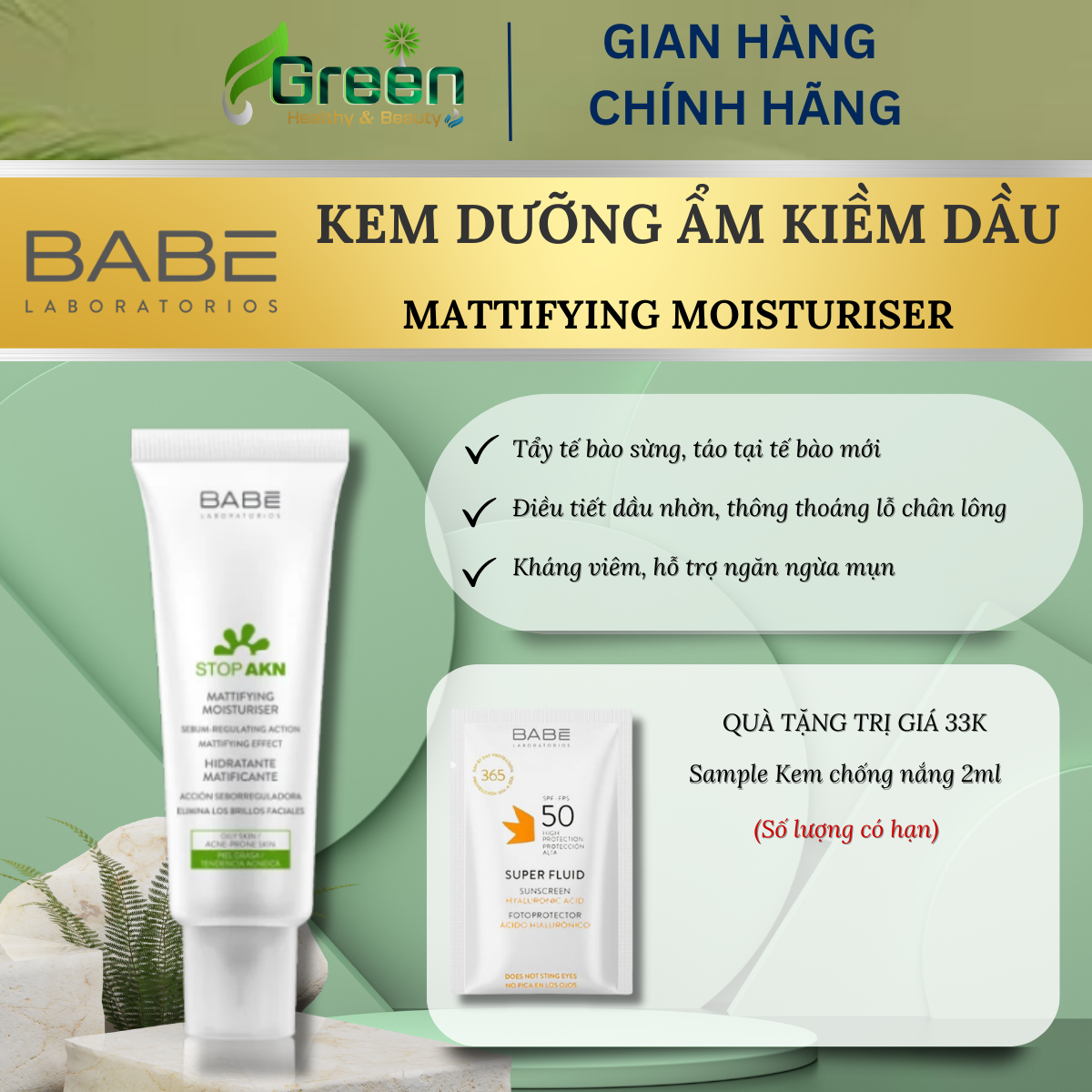 Kem dưỡng ẩm cho da dầu mụn BABE Stop AKN Mattifying Moisturiser (50ml)