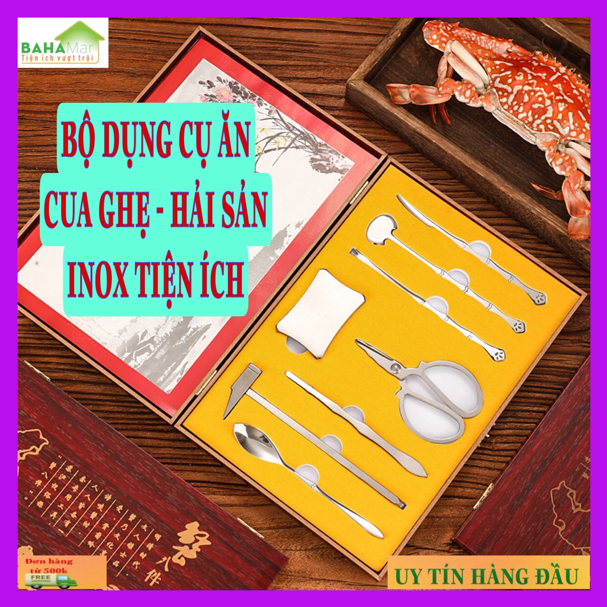 BỘ DỤNG CỤ ĂN CUA GHẸ - HẢI SẢN INOX TIỆN ÍCH CAO CẤP CÓ HỘP GỖ "BAHAMAR" thích hợp cho bất kỳ loại hải sản như tôm hùm, sò, ốc, cua và cũng có thể sử dụng khi ăn quả óc chó, hạnh nhân…