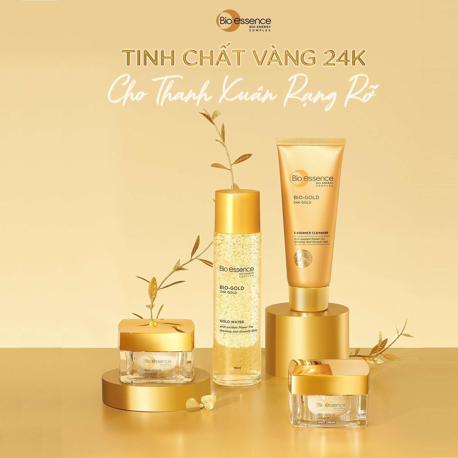 Combo ngăn ngừa lão hóa Bio-Gold chiết xuất vàng 24K (Nước dưỡng 150ml + Kem dưỡng ngày 40gr + Kem dưỡng đêm 40gr)