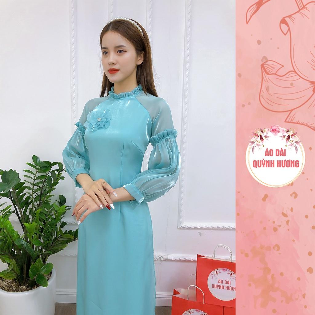 Áo dài xanh voan tơ Tay chun bồng cách điệu