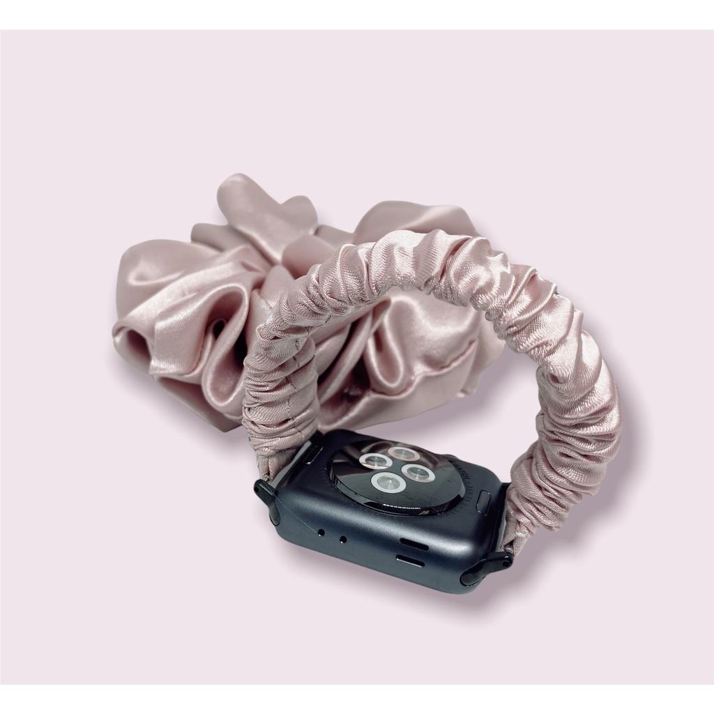 Combo dây đồng hồ apple watch và scrunchies dây cột tóc, buộc tóc vải satin lụa HỒNG Noel