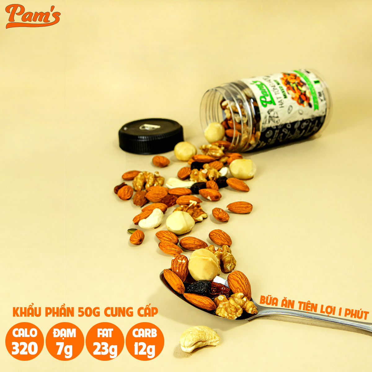 Combo 3 Hũ Ngũ Cốc Mix 6 Loại (Macca + Hạnh Nhân + Điều + Nhân Óc Chó + Hạt Bí + Nho Úc) Pam's