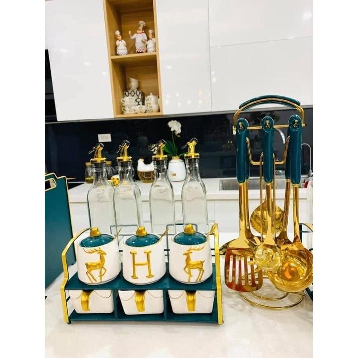 Bộ đựng gia vị sứ 2 tầng 11 món siêu sang chảnh tiện lợi màu trắng