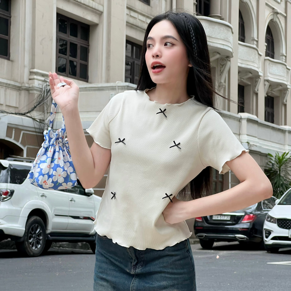 Áo thun áo nữ đính nơ phía trước dễ thương nữ tính Bows Miều Est.2013