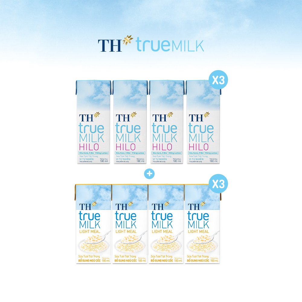 Combo 3 lốc sữa tươi tiệt trùng TH true Milk HILO Hilo &amp; 3 lốc sữa tươi tiệt trùng TH True Milk Light Meal bổ sung ngũ cốc (180ml x 24)