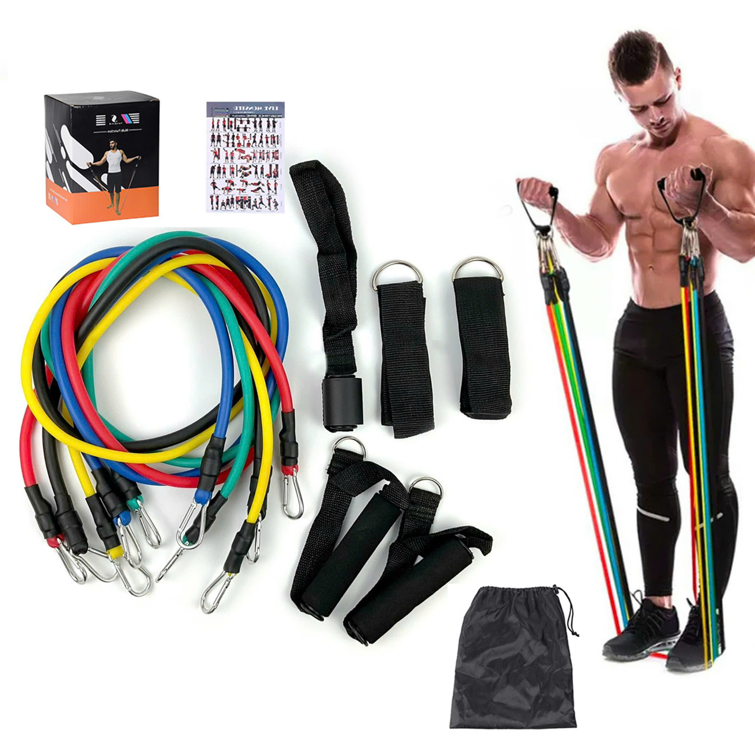 Bộ 5 dây kháng lực đàn hồi tập Gym A-3907, Bộ dây ngũ sắc