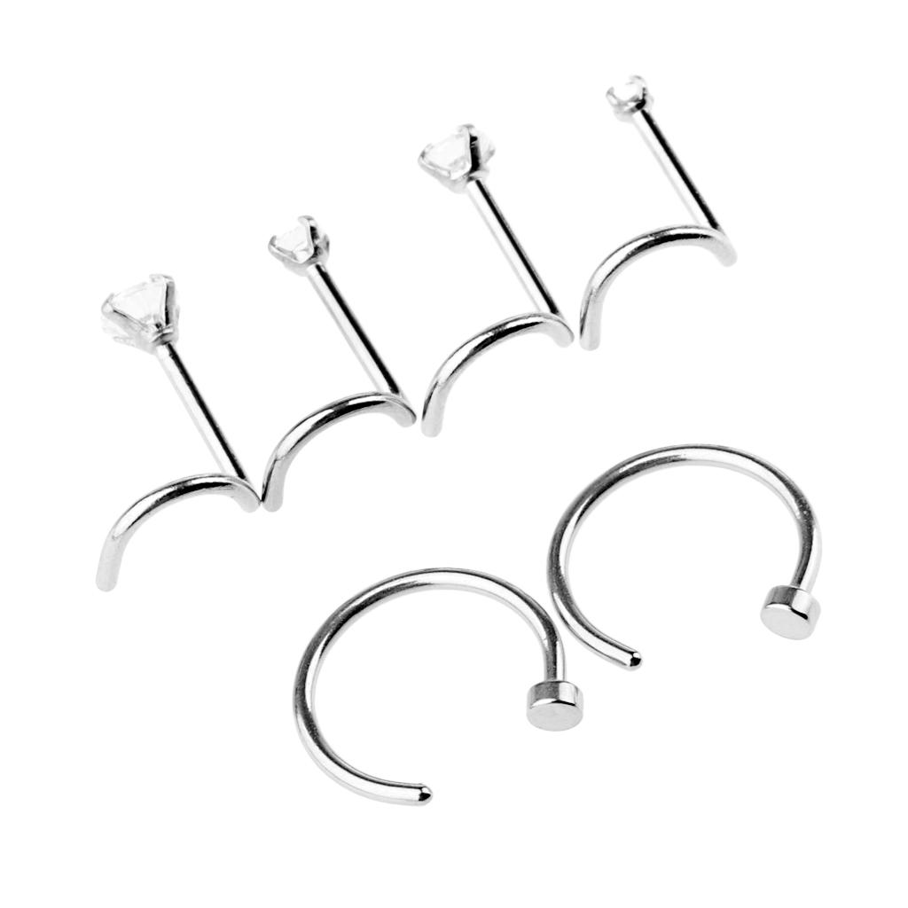 6Pcs Nose Lip Ring Stud Stainless Steel Crystal 20g Curved Helix Piercing